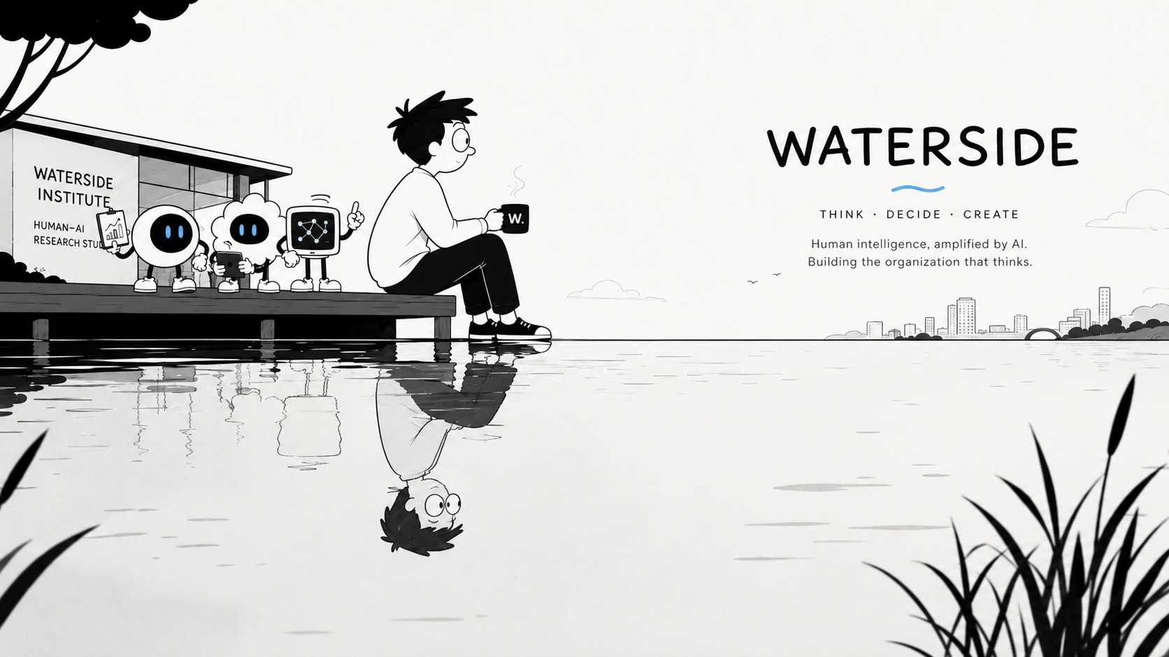 Waterside：一个人与多位AI伙伴在水岸边共同工作的黑白卡通场景
